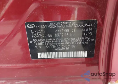 2012 Hyundai Sonata Gls z USA, uszkodzony, nr VIN 5NPEB4AC1CH331189